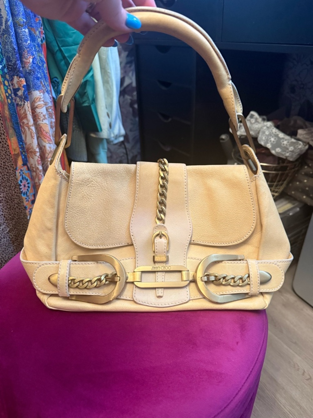 Jimmy Choo Beige Leather Shoulder Bag with Gold Chain Accents